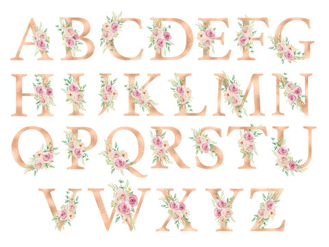 Watercolor beige alphabet with flowers