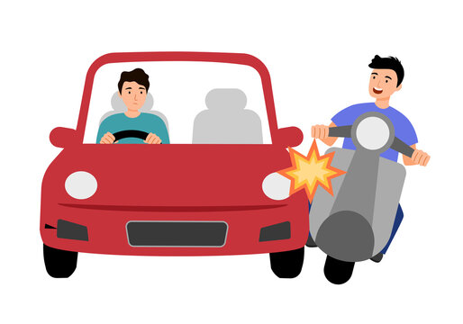 Car crash with motorbike accident in flat design on white background. Angry driver. 