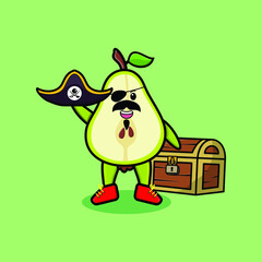 Cute cartoon character Pear fruit pirate with treasure box in modern style design