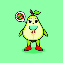 Cute cartoon illustration pear fruit using mask to prevent corona virus in cute modern style design