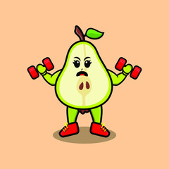 Cute cartoon pear fruit character is fitness with barbell in modern style design  