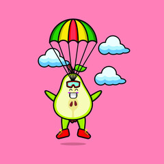 Obraz na płótnie Canvas Cute mascot cartoon Pear fruit is skydiving with parachute and happy gesture cute modern style design 