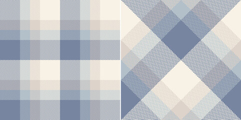 Plaid pattern in soft blue and beige. Herringbone textured seamless color block tartan check set for flannel shirt, scarf, blanket, skirt, pyjamas, trousers, other spring summer autumn winter print. - 497412654