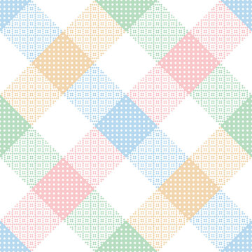 Geometric pattern  for spring summer in pastel colorful blue, pink, green, yellow, white. Seamless abstract buffalo check tartan plaid vector with polka dots for Easter tablecloth or picnic blanket.