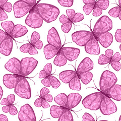Watercolor seamless pattern with pink Butterflies on a White Background. Butterfly wallpaper. Cute design for print, textile, wrapping paper