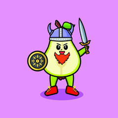 Cute cartoon character Pear fruit viking pirate with hat and holding sword and shield in cute modern style design 