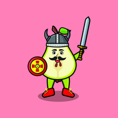 Cute cartoon character Pear fruit viking pirate with hat and holding sword and shield in cute modern style design 