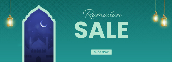 Ramadan Sale Banner Or Header Design With Golden Lit Lanterns Hang And Silhouette Mosque, Crescent Moon On Teal Blue islamic Pattern Background.