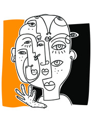Abstract line drawing colorful faces portrait vector illustration.