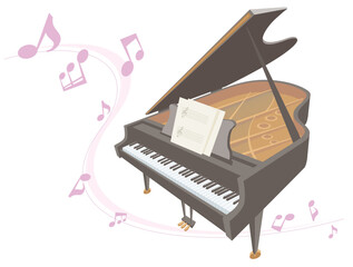 A grand piano playing music on isolated white background. Vector illustration in flat cartoon style.