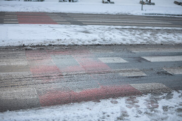 Ice on the highway and at crosswalks for pedestrians and bicyclists.