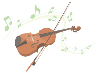 A violin playing music on isolated white background. Vector illustration in flat cartoon style.