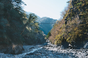 Winter scenery view of Aowanda Suspension Bridge above the Wanda North Fork Hot Spring, Taiwan