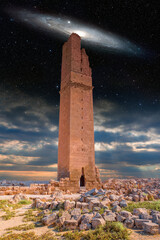 Old astronomy tower Andromeda galaxy in the background  -  Ruins of the ancient city of Harran -...
