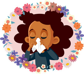 Allergic Little Girl Sneezing Surrounded by Flowers Vector Cartoon