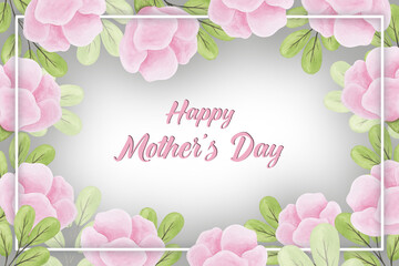 Happy mother's day greeting card design with pink flowers and lettering on grey background