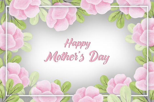 Happy mother's day greeting card design with pink flowers and lettering on grey background