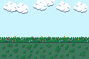 Pixel art wallpaper or background, blue sky, cloud, green grass and flowers. 