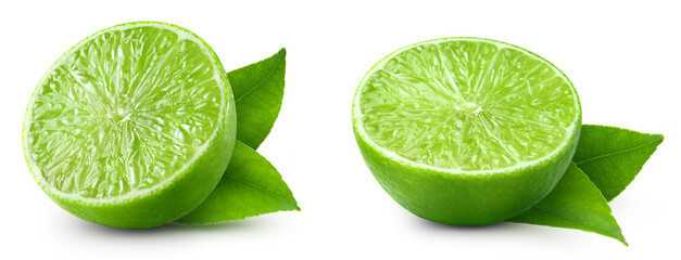 Lime half isolated on white background. Taste lime with leaf. Full depth of field with clipping path