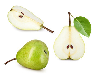 Naklejka na ściany i meble Pear half collection. Fresh organic pear isolated on white background. Pear set macro. With clipping path