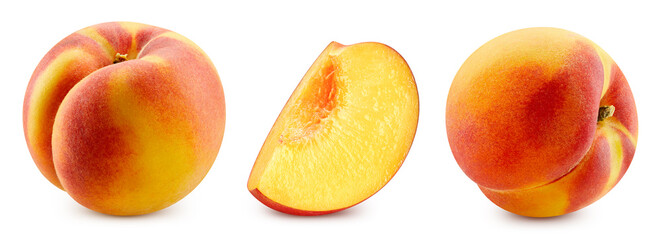 Peach half collection. Fresh organic peach isolated on white background. Peach set macro. With...