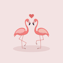 vector flat illustration two pink flamingos in love. pink flamingo couple in love with a heart in the middle. card for valentine's day, wedding. love concept