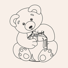Cute bear eats honey from a jar coloring page