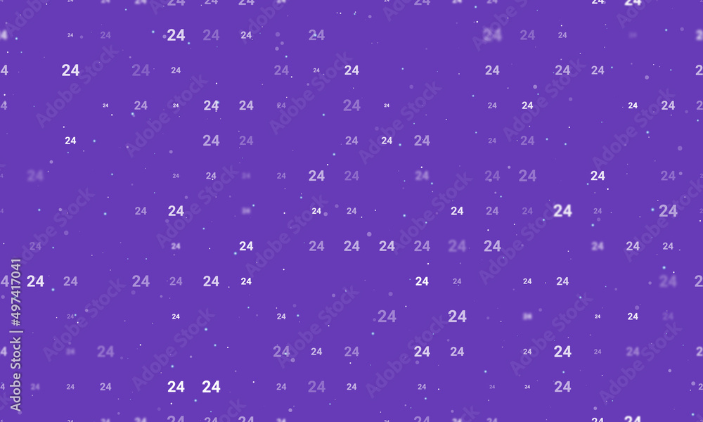 Poster Seamless background pattern of evenly spaced white around the clock symbols of different sizes and opacity. Vector illustration on deep purple background with stars