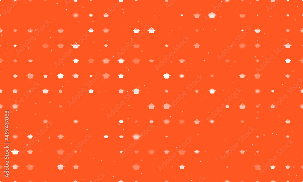 Poster Seamless background pattern of evenly spaced white pot symbols of different sizes and opacity. Vector illustration on deep orange background with stars
