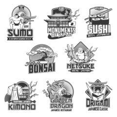 Japan travel vector icons, japanese culture, tourism, traditions and landmarks. Sumo championship, monuments, restaurant and kimono with bonsai and origami classic arts isolated monochrome emblems set