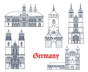 Obraz premium Germany architecture buildings of Magdeburg, Naumburg, vector cathedrals. German landmarks of Marienkirche and Magdeburg rathaus town hall with St Mauritius and Katharina cathedral dom
