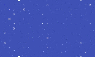 Seamless background pattern of evenly spaced white abstract star symbols of different sizes and opacity. Vector illustration on indigo background with stars