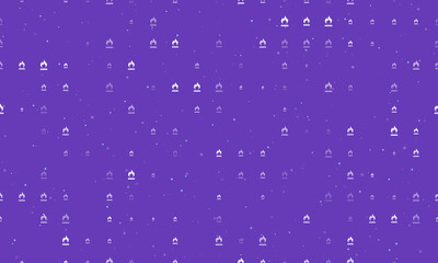 Seamless background pattern of evenly spaced white gas symbols of different sizes and opacity. Vector illustration on deep purple background with stars