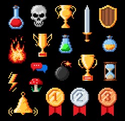 Fototapeta na wymiar Retro pixel art vector icons of 8 bit game asset. Weapon, prize, medal and fire, timer, poison, skull and bomb icons, sword, trophy, shield, mushroom, potion interface icons or game ui objects