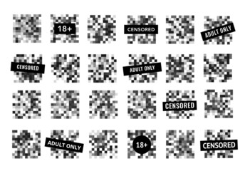 Censor monochrome mosaic pixel blur vector bars. Censorship blurred adult content or nudity with censored, adult only and 18 plus black signs, pixelation effect of monochrome square for photo or video