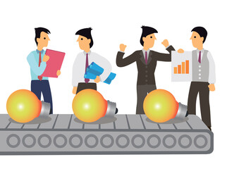 Conveyor belt machine of ideas light bulb with businessmen.