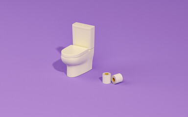 Toilet bowl and Toilet paper on pastel purple background. Advertisement idea. Creative composition. Concept for social media, banner. 3d render