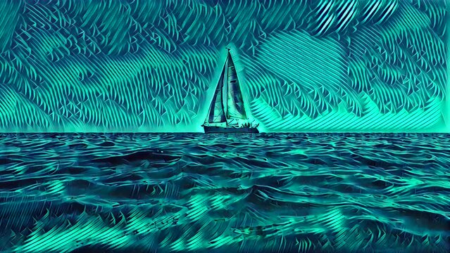 Low angle sea level animation of small yacht boat sailing in calm open water. Blue colored