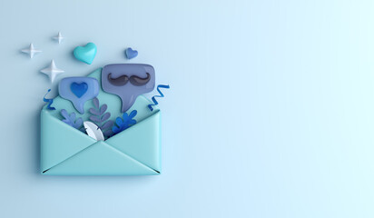 Happy fathers day decoration background with envelope, leaves, mustache speech bubble, heart shape, copy space text, 3D rendering illustration