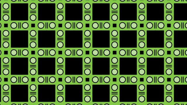 Black Tiles With Green Border Designed With Shapes And Lines. Seamless Abstract In Sliding Motion.