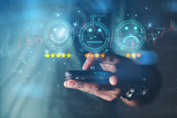 Technology customer assessment concept A close-up picture of a businessman showing satisfaction with the virtual technology with a smiley face and a five-star rating, business performance satisfaction