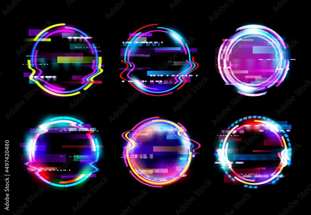 Poster Abstract neon glow circle glitch vector frames. Futuristic ring glitch distortion and screen bug light effects frame border lines with static noise on black background, future technology