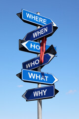 Road sign with question words isolated on blue sky background. What, Who, Why, How, When, Where.
