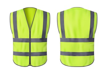 Safety vest jacket, isolated security, traffic and worker uniform wear. Vector fluorescent green waistcoat realistic 3d mockup with reflective stripes and zip, personal protective clothing - obrazy, fototapety, plakaty