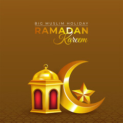 Ramadan kareem vector greetings design with lantern in gold crescent moon and star in dark background. Vector illustration design