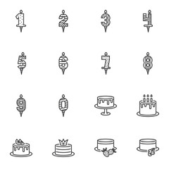 Birthday cakes and candles line icons set