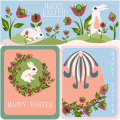 Happy Easter holiday and Hello spring design with lettering for banner, greeting card set of tree isolated vector illustrations