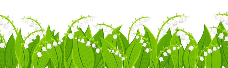 Seamless border with spring Lily of the valley flowers. Floral frame isolated on transparent background. Vector illustration
