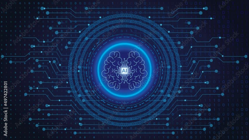 Poster artificial intelligence concept, brain on a chip animated 4k text shown on tech electronic, digital 
