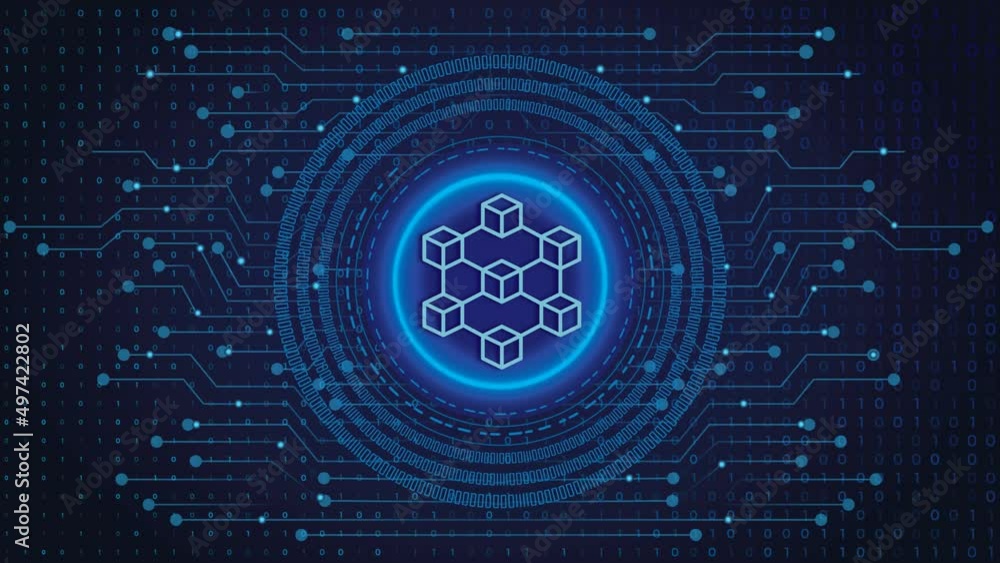 Poster blockchain technology concept icon animated 4k text shown on tech electronic, digital background of 